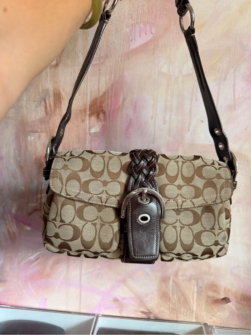 Coach Beige & Brown Signature Canvas Shoulder Bag with Braided Detail